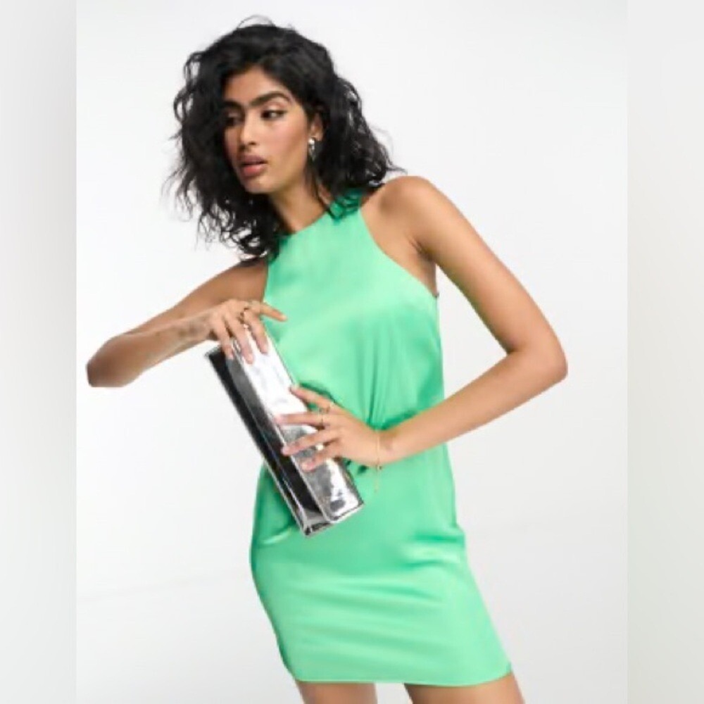 ASOS DESIGN Womens Green Satin Racer Neck Mini Dress Size 14 Party‎ Cocktail